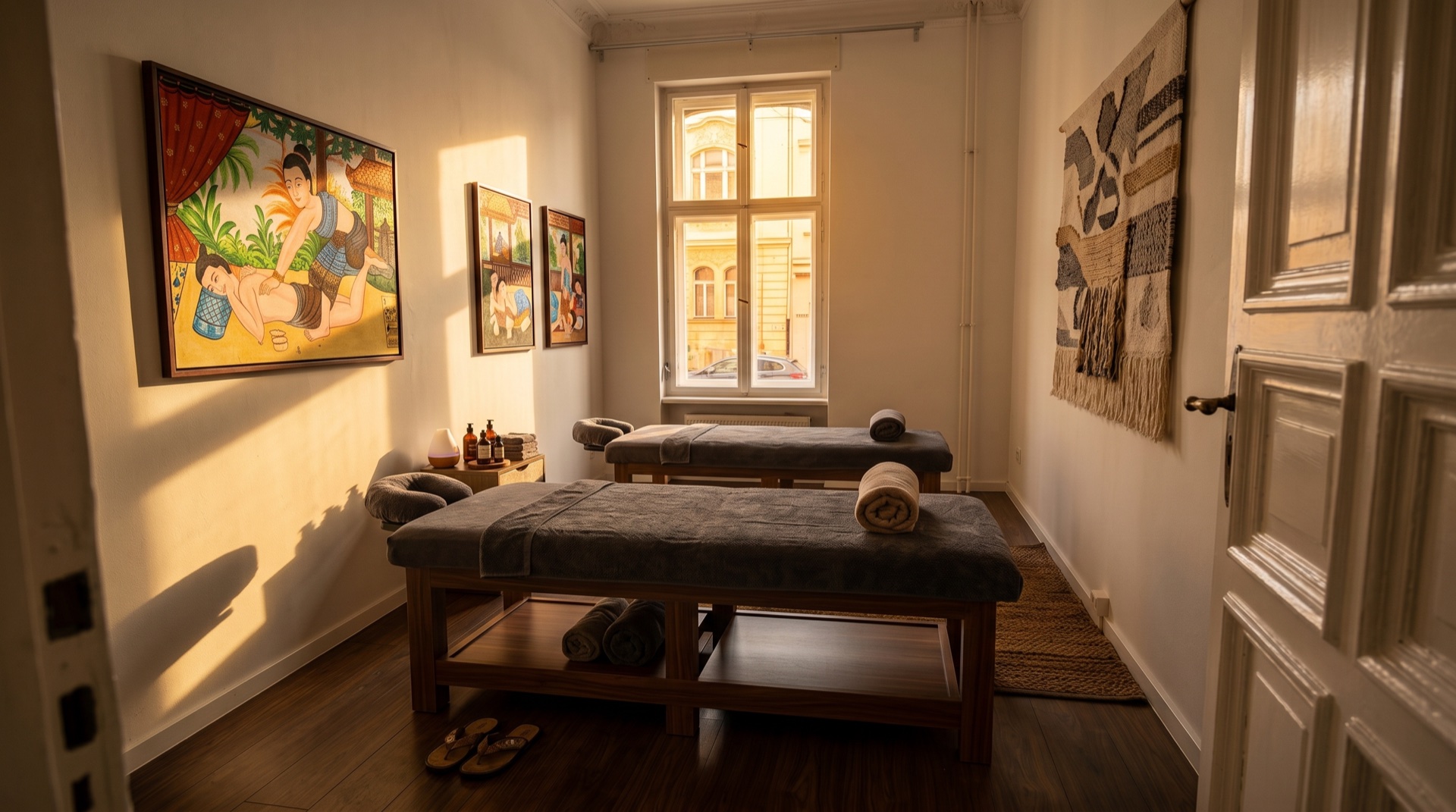 Behandlungsraum mit zwei Massage-Liegen